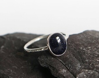 Night Sky Blue Goldstone Recycled Sterling Silver Ring