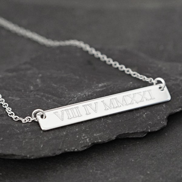 Personalised Roman Numerals Engraved Sterling Silver Bar Necklace ~ birthday gift, name, monogram, keepsake, date, gift for her