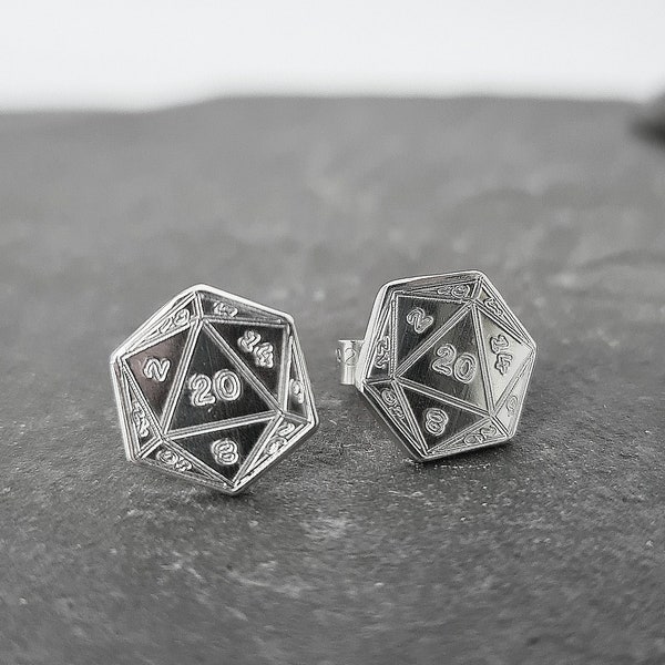 D20 Sterling Silver Earrings ~ studs, gaming gift, tabletop, boardgame, dnd, d&d, dungeons, dragons, dice