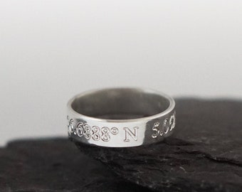 Recycled Sterling Silver Personalised Engraved Band ~ initials, coordinates, wedding, name, date, roman numerals