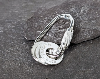 Carabiner Engraved Personalised Washers Sterling Silver Keyring ~ engraved, co-ordinates, name, travel gift, birthday, adventure