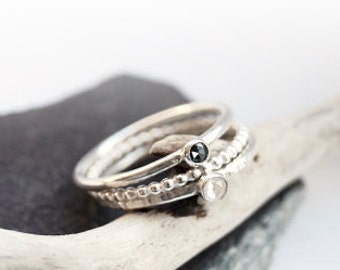 Black Diamond & Rainbow Moonstone Recycled Sterling Silver Stacking Rings ~ statement ring, hammered, gemstone