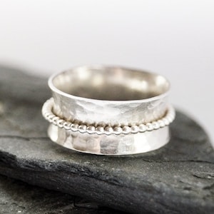 Recycled Dimpled Wide Sterling Silver Spinner Ring ~ spinning ring, hammered, texture, statement ring, meditation, anxiety ring, fidget