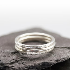 Recycled Sterling Silver Texture Trio Stacking Rings - hammered, bands, oxidised, modern, stackable