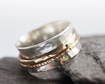 Gold Filled Two Band Sterling Silver Spinner Ring ~ fidget ring, unisex, anxiety ring, spinning, worry meditation, hammered, gold filled