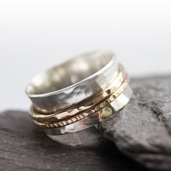Fidget Ring Gold Filled Two Band Sterling Silver Spinner Ring ~ unisex, anxiety, spinning, worry meditation,  gold filled, ADHD