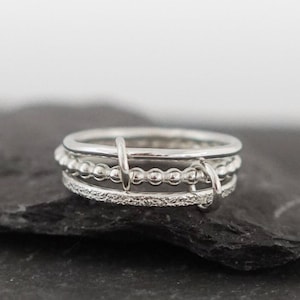 Triple Interlocking Multi Layer Links Sterling Silver Ring ~ interlocking, recycled silver, textured, stackable, stardust, beaded