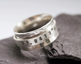 Personalised Sterling Silver Coordinates Spinner Ring ~ anxiety ring, spinner ring, recycled, fidget ring, meditation ring