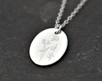 Personalized Birth Flower Sterling Silver Oval Necklace, Engraved Name