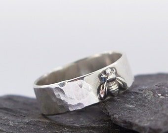Honey Bee Sterling Silver Ring ~ ring, silver, bees, botanical, statement ring, flower, textured,hammered, nature, recycled
