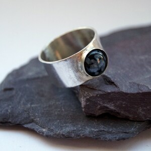 Snowflake Obsidian Wide Band Sterling Silver Ring, Unisex