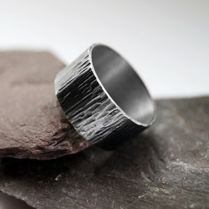 Recycled Sterling Silver Wood Grain Wide Ring ~ statement, unisex, men's ring, oxidised, hammered, tree bark