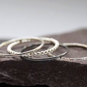 Four Skinny Recycled Sterling Silver Stacking Rings - stacking rings, hammered, silver bands, stackable, texture, stocking filler