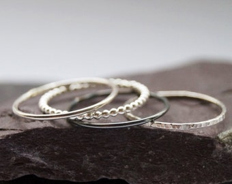 Four Skinny Recycled Sterling Silver Stacking Rings - stacking rings, hammered, silver bands, stackable, texture, stocking filler