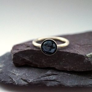 Recycled Sterling Silver Snowflake Obsidian Ring, Stacking Solitaire