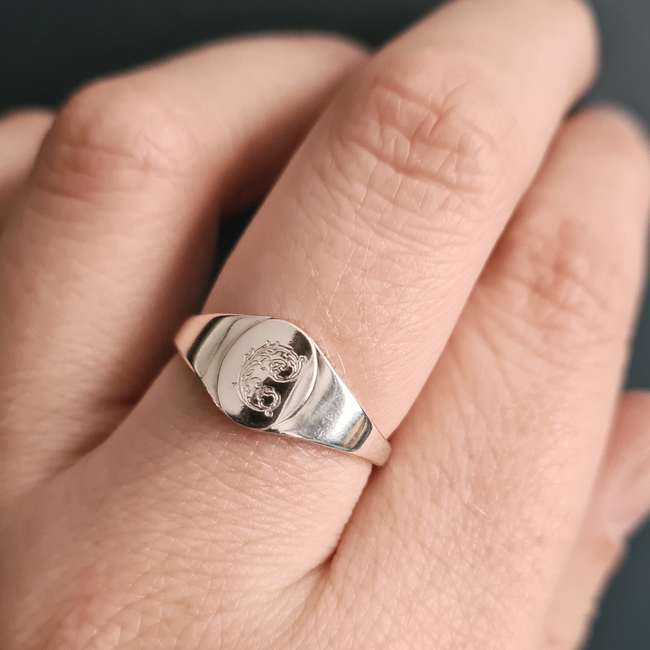Leafy Oval Signet Sterling Silver Personalised Ring ~ Engraved