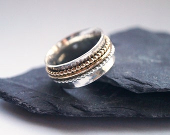 Fidget Ring Sterling Silver & Gold Filled Three Band Spinner Ring ~ unisex, meditation, hammered,  gold filled, beaded, anxiety, ADHD