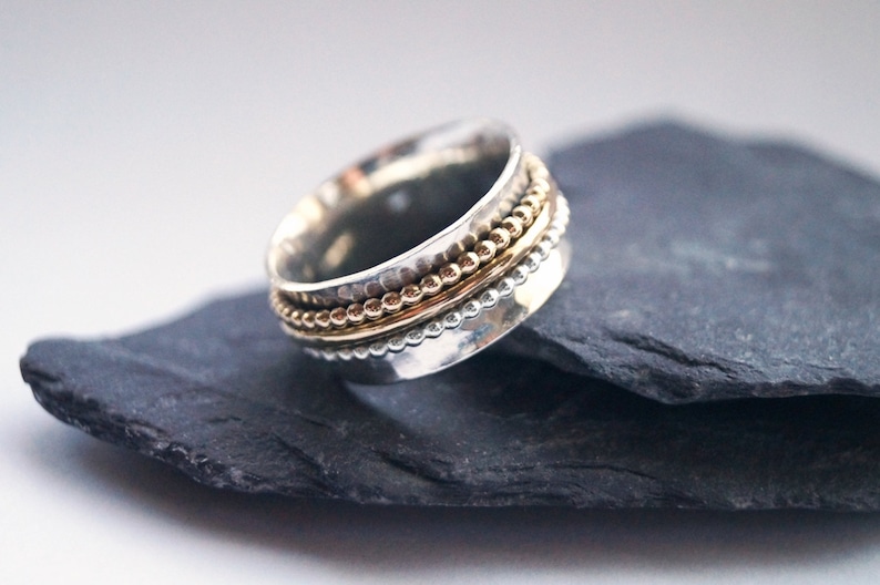 Fidget Ring Sterling Silver & Gold Filled Three Band Spinner Ring ...