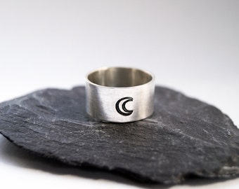Recycled Sterling Silver Crescent Moon Wide Band  ~ unisex, men's ring, women's ring, oxidised, statement