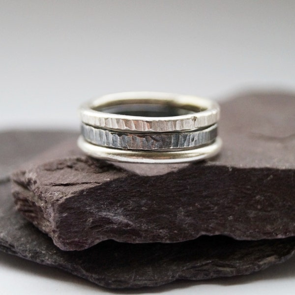 Recycled Sterling Silver Power Of Three Stacking Rings - hammered, bands, oxidised, stackable, minmal