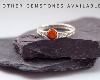 Gemstone & Beaded Recycled Sterling Silver Ring Duo ~ statement ring, stacking ring, gemstone