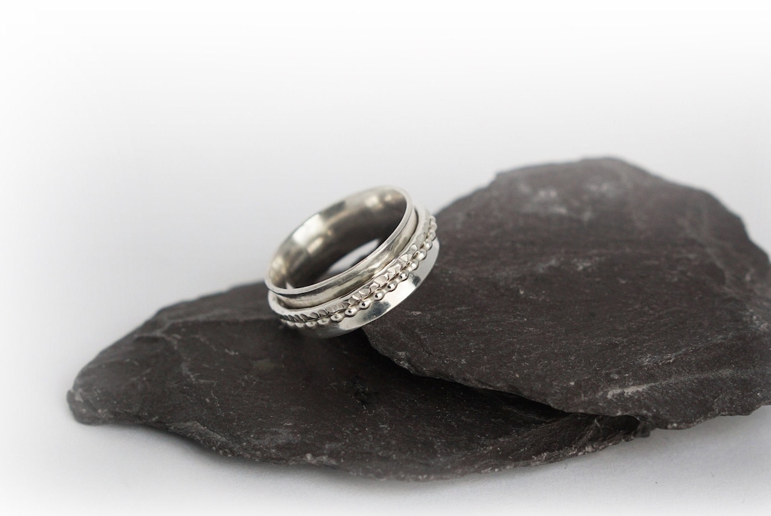 Fidget Ring Wide Hammered & Beaded Sterling Silver ~ Spinning Ring ...