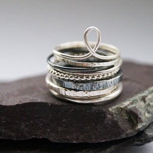 Tower Of Recycled Sterling Silver Stacking Rings - hammered, silver bands, oxidised, stackable, textured, recycled