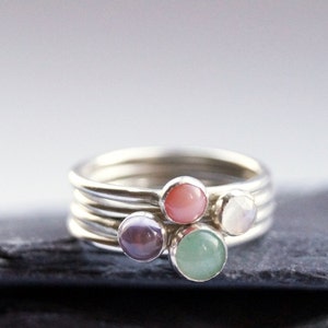 Four Gemstone Recycled Sterling Silver Ring Stack ~ statement ring, stacking ring, gemstone, unique, beaded, birthstone