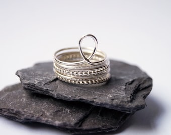 Recycled Sterling Silver Stacking Rings – Skinny Hammered Bands, Set of Seven