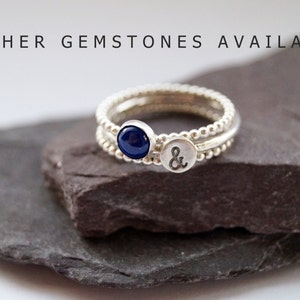 Personalised Gemstone Sterling Silver Ring Trio, Stackable Initial Rings