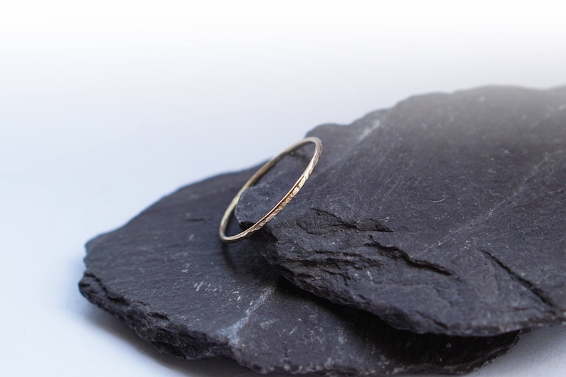 Recycled 9ct Gold Hammered Skinny Stacking Ring stacking ring, gold, pure gold, yellow gold, gold band, stackable, wedding image 1