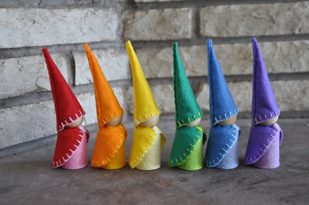 Rainbow Gnomes Wooden and Wool Felt Peg Dolls Set Waldorf | Etsy