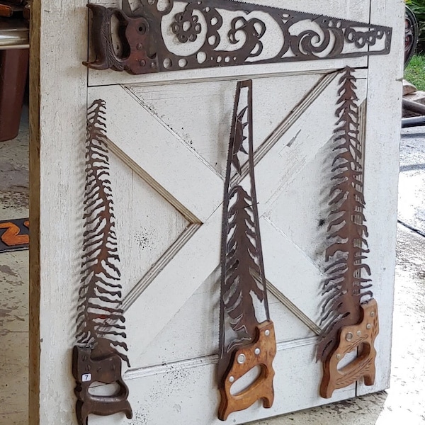 Vintage steel hand saw ~ plasma cut into woodland farmhouse tree