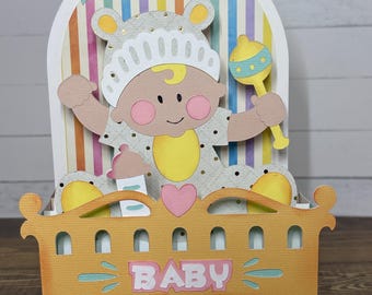 3D Baby Greeting Card Pop Up Design, Fold Flat Newborn Card with Matching Envelope, Handmade Cardstock Baby Shower Gift for Boy or girl