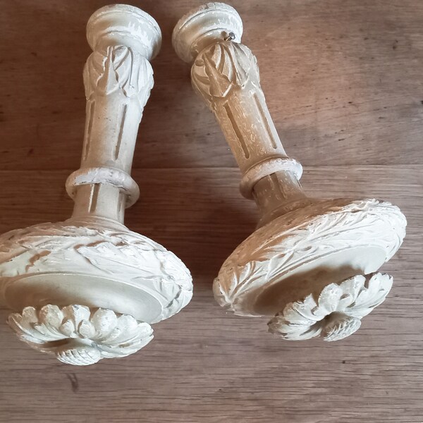 Pair of finials antique French carved wooden finials or curtain tie backs with shabby chic painted white finish