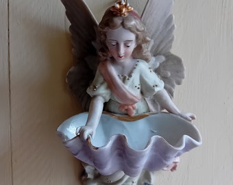 Pia de água benta de anjo em porcelana bisque antiga: por volta de 1900