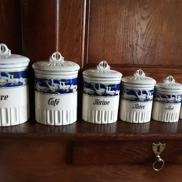 Kitchen cannister set French vintage ceramic six blue and white storage pots