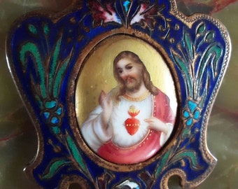 Pia de água benta, pia do Sagrado Coração, esmalte de mármore e pintura francesa vintage à mão