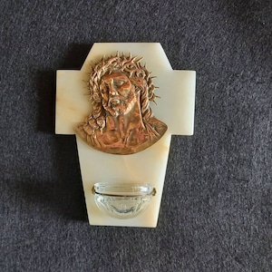 Copper Holy water font  Jesus in crown of thorns vintage French signed