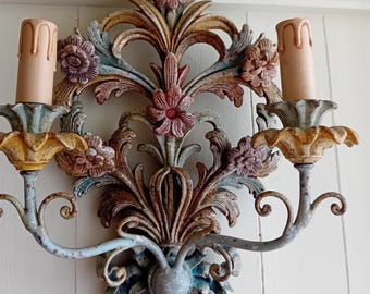 Wall Sconce Rococo vintage style hand carved wood, gesso and painted