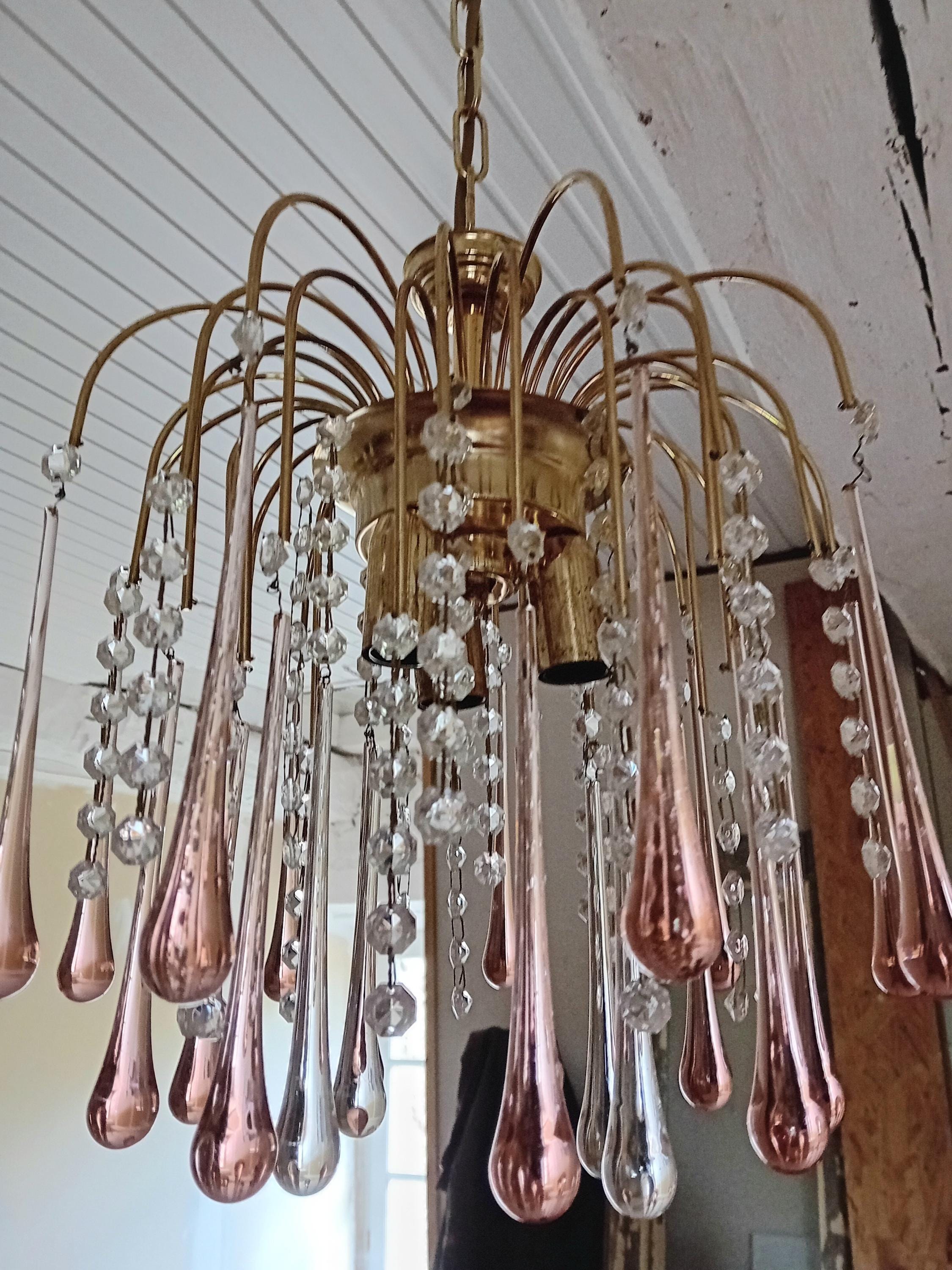 1920年代 フランス アンティーク ピンク・ムラーノガラスのミニシャンデリア＊ イタリアンムラーノガラス ピンククリスタルシャンデリア(5灯