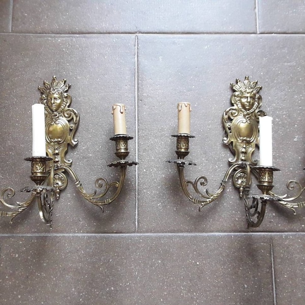 Wall sconces a pair of French vintage bronze wall lights unusual beautiful design each with two electric and one candle light holders