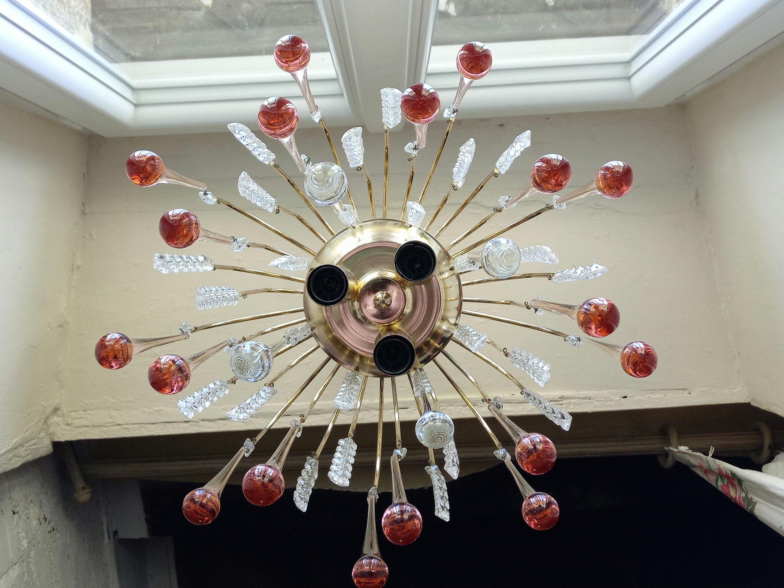 Vintage Murano Glass Chandelier: Salmon Pink Crystal Drops