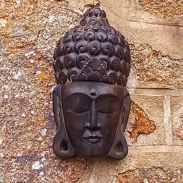 Buddha wall mask Gautama carved wood vintage ethnographic art