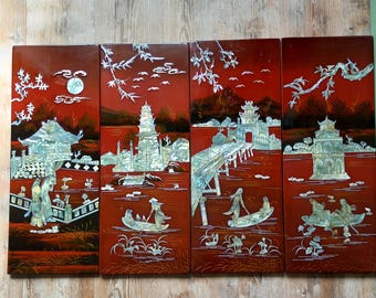 Set van 4 vintage Japanse gelakte panelen wanddecoratie