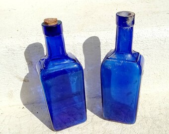 Antike Französische Kobalt-Blaue Glas Medizin Flaschen: Apotheker Dekor Paar