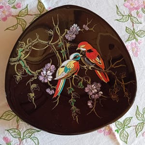 Può includere: Un piatto triangolare nero con un disegno dipinto di due uccelli appollaiati su un ramo fiorito. Un uccello ha un piumaggio rosso e arancione, mentre l'altro mostra piume bianche, blu e gialle. Il ramo è decorato con fiori viola.