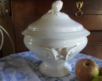 White tureen large serving dish genuine French antique with Artichoke design
