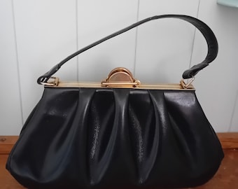 French Vtg 1940s Large Leather Handbag / Kelly 40s Bag/ Metal