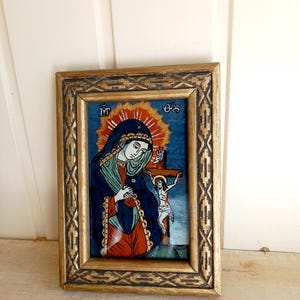 Hand Painted Romanian Icon: Grieving Mother of God, Gold Frame (7.75x5.75 ins)